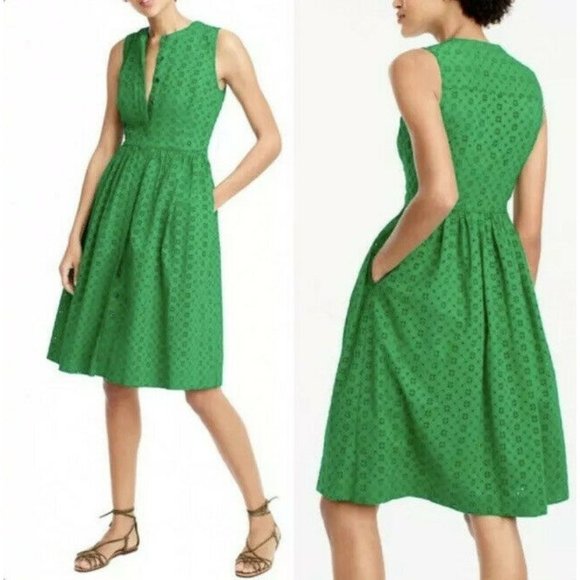 J. Crew Dresses & Skirts - J.Crew Eyelet Midi Button Front Dress Size XS EUC Kelly Green Fit & Flare